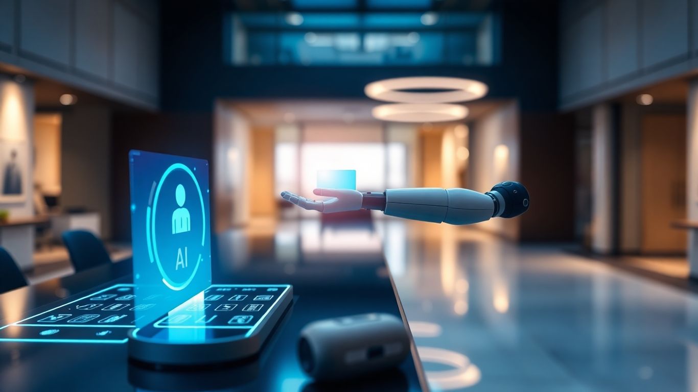 AI receptionist interface on a desk.