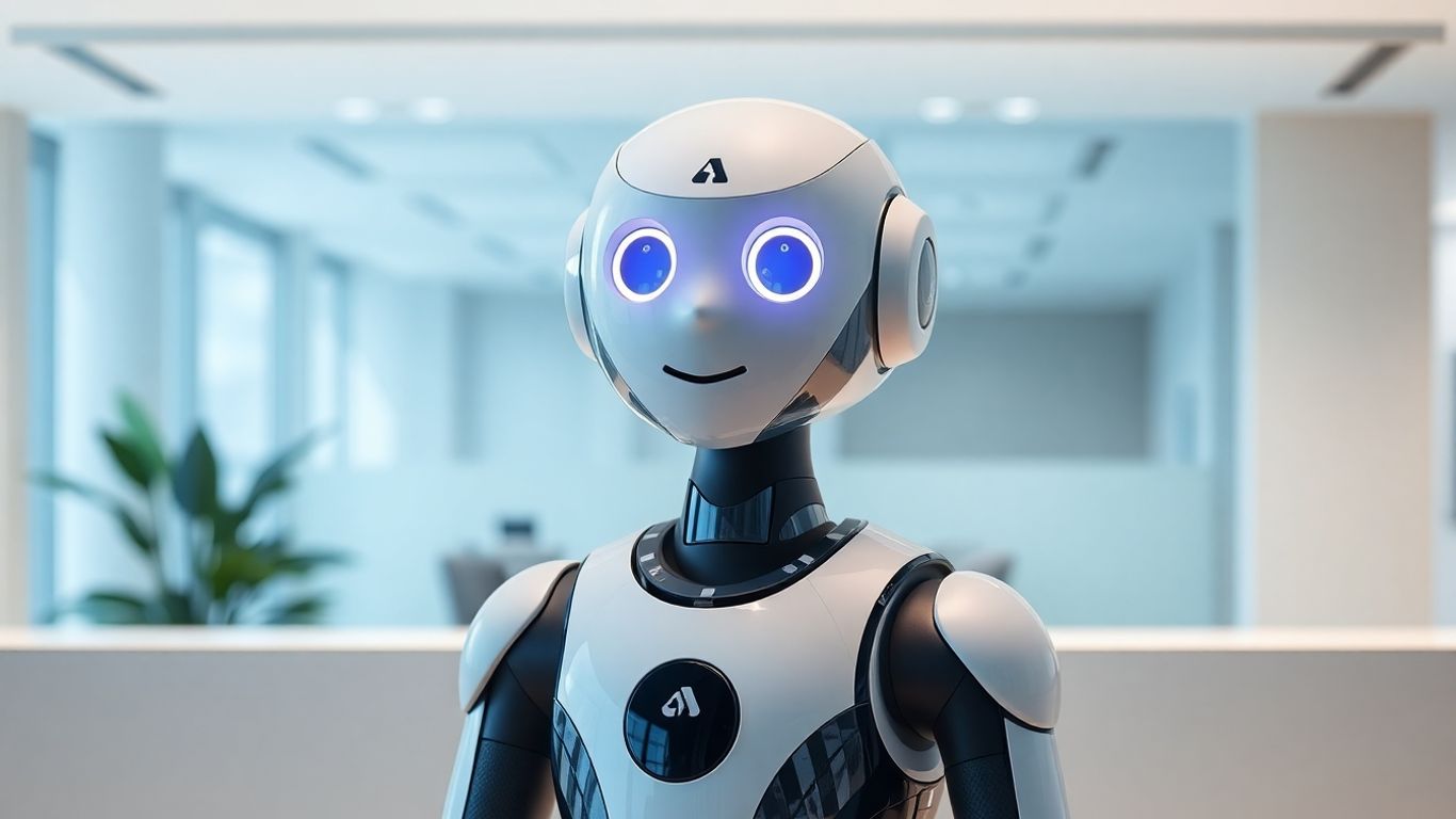 AI receptionist robot at a modern office desk.