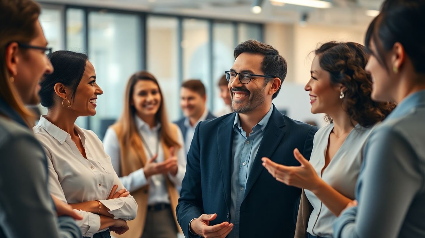 People interacting in a modern office environment.