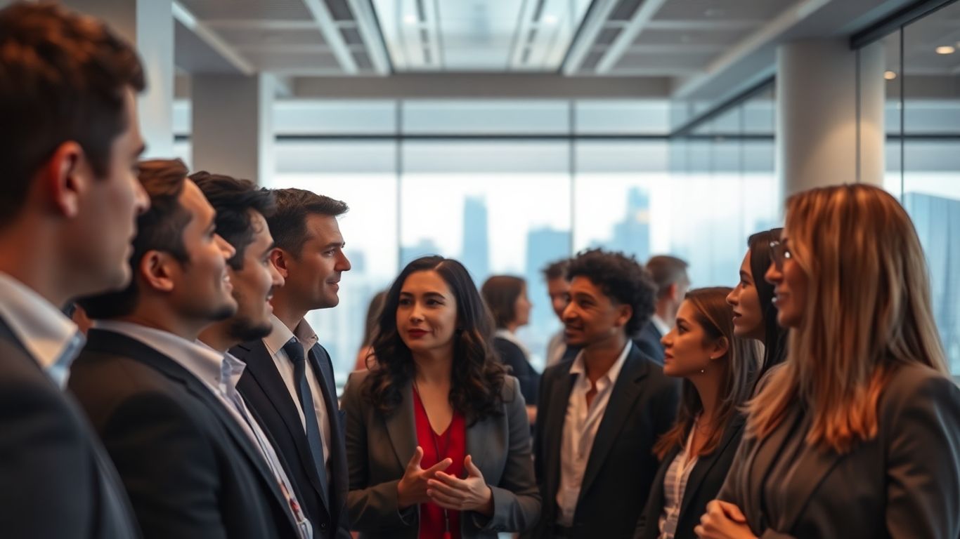 People interacting in a modern office setting.
