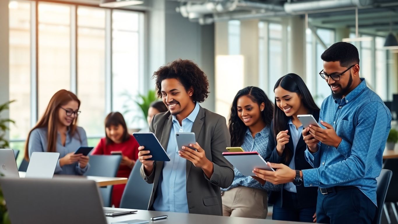 People communicating across multiple channels in an office.