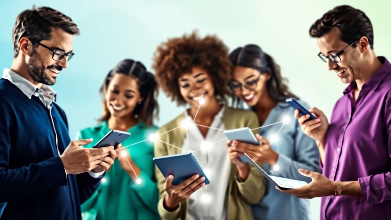 People communicating across multiple digital devices.