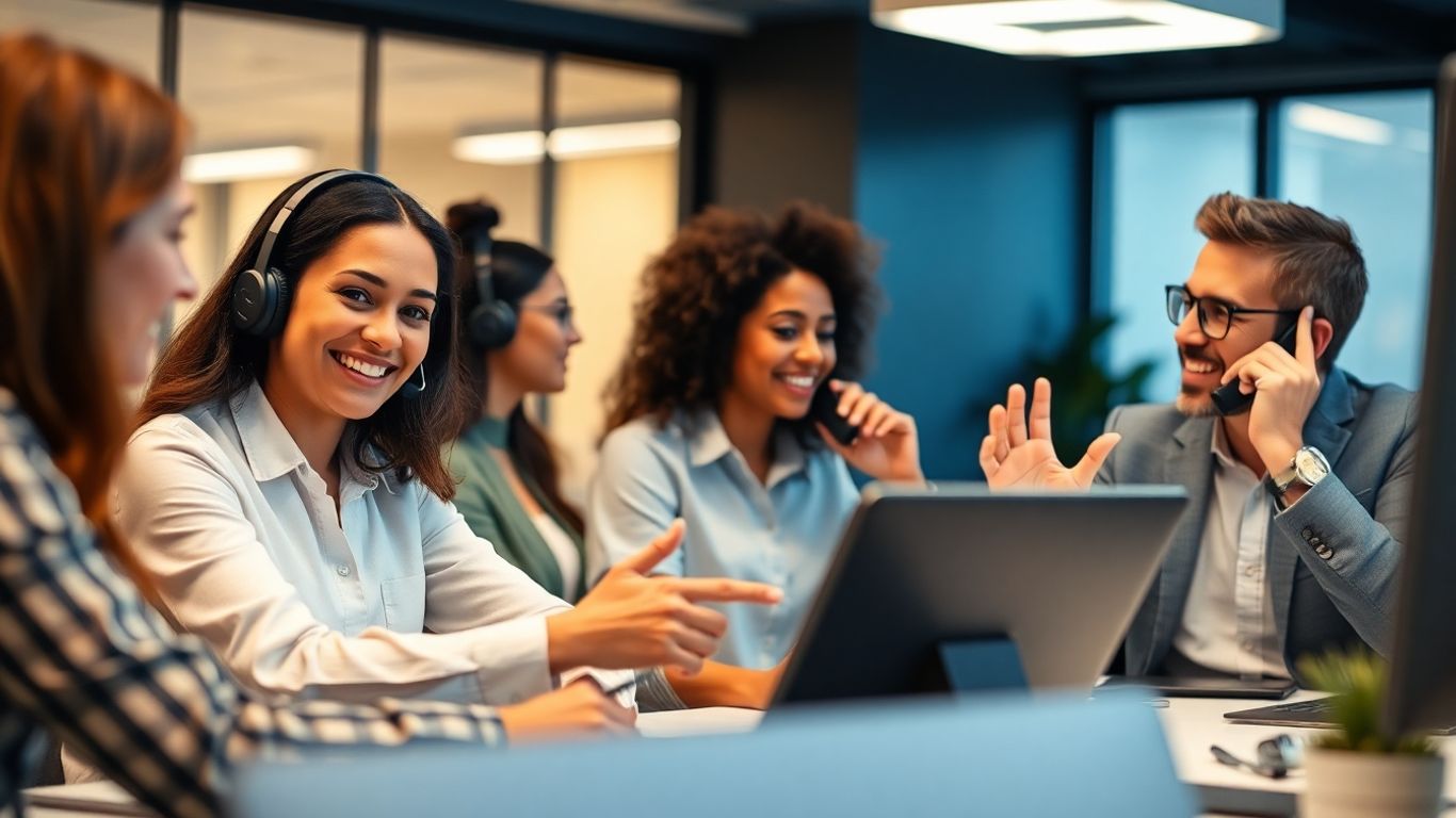 Professionals communicating effectively with headsets and smiles.