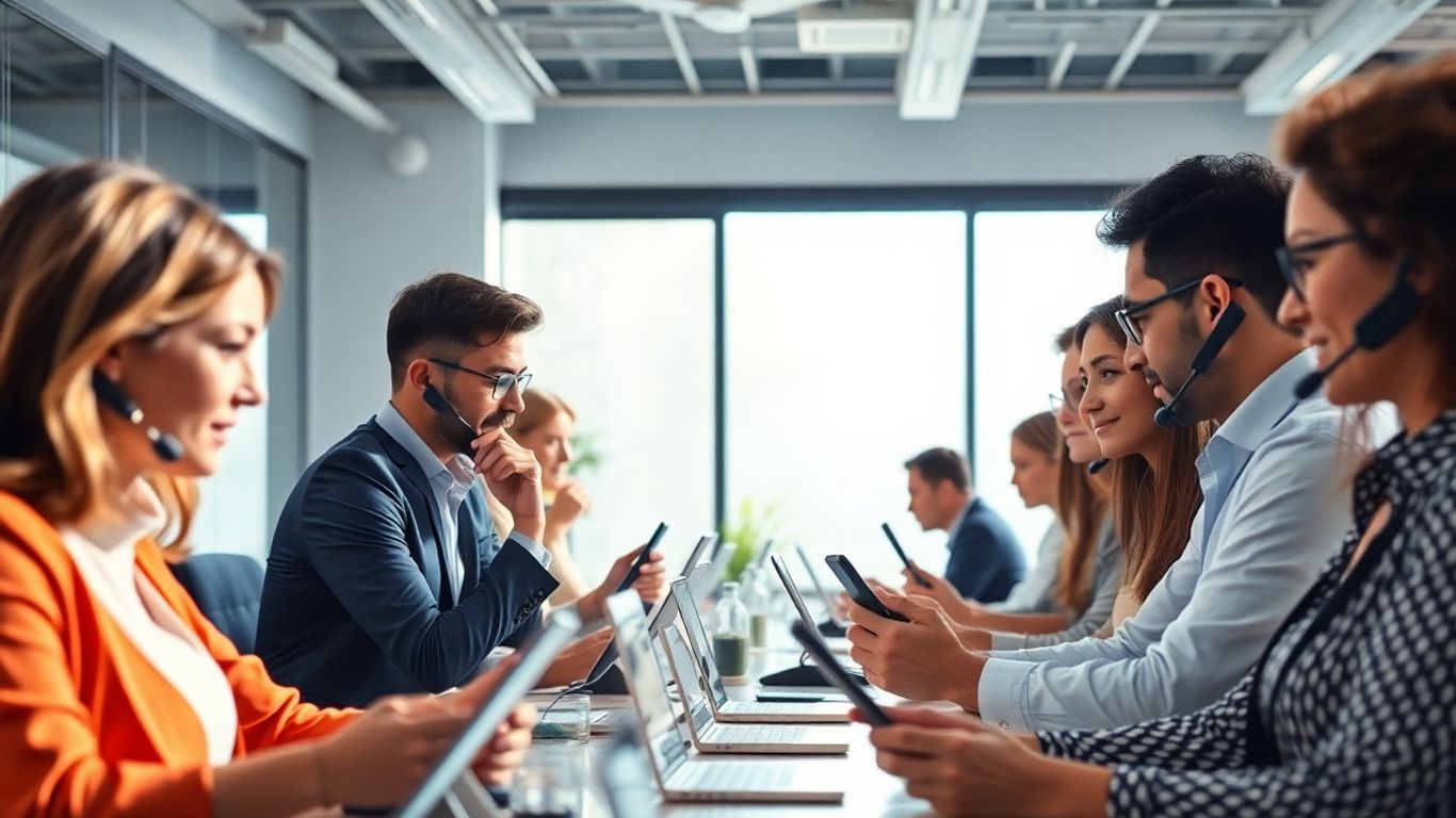 Professionals using communication tools in a modern office.