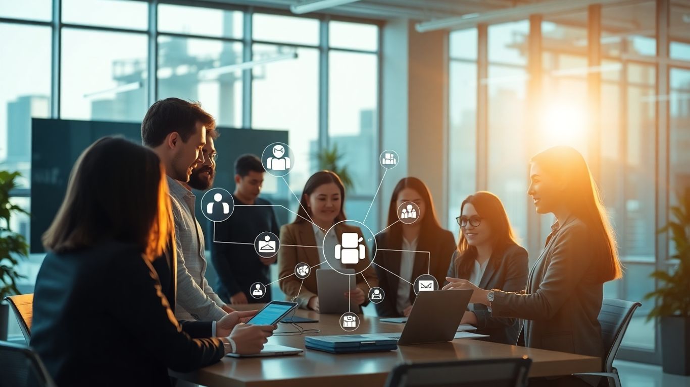 Professionals integrating communication systems in a modern office.