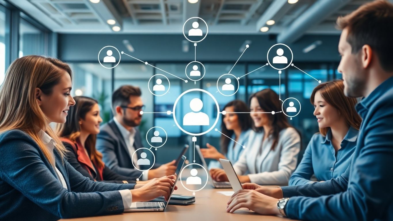 Professionals interacting with digital interfaces for customer communication.