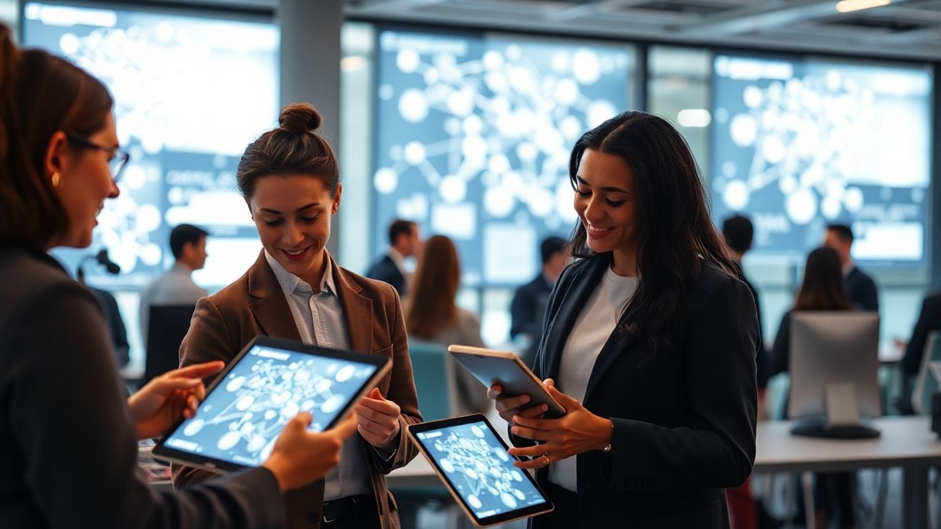 People interacting with digital communication interfaces in an office.