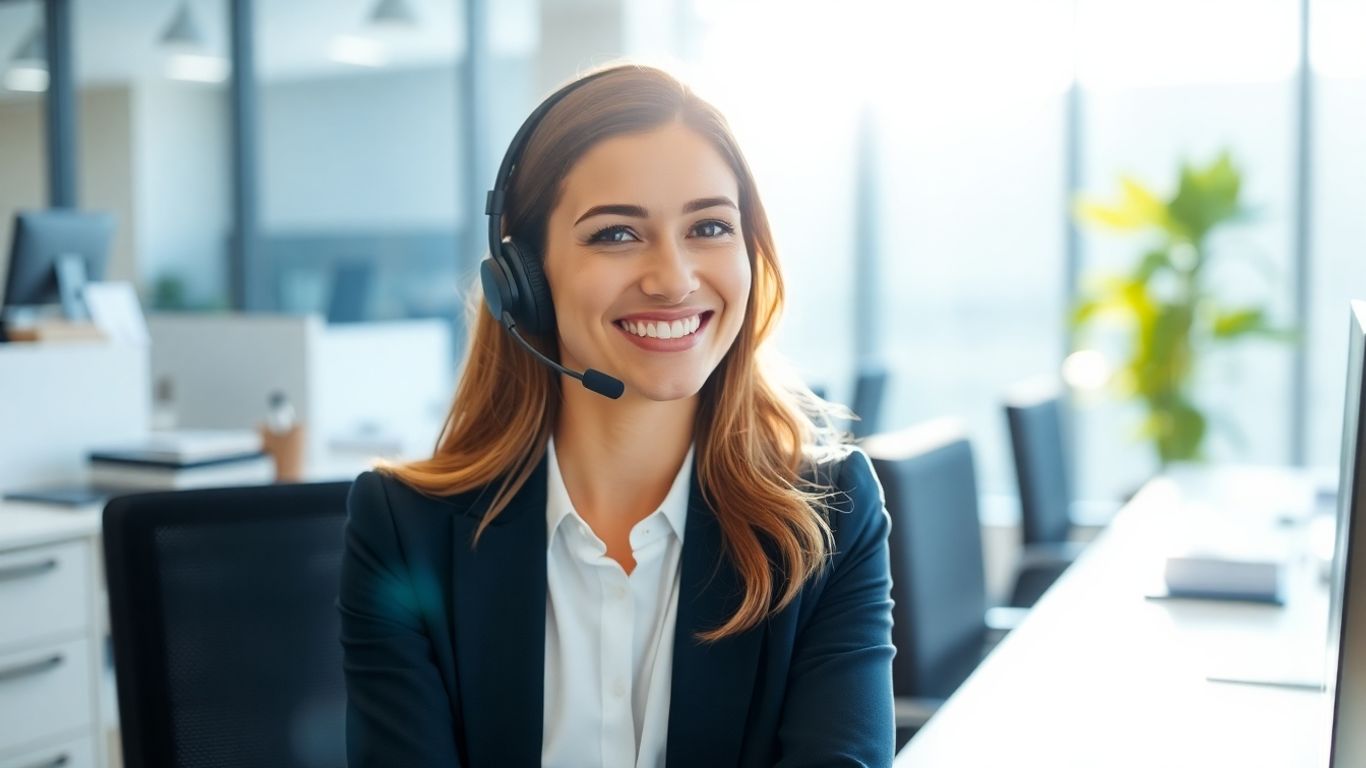 Virtual receptionist with headset at desk.