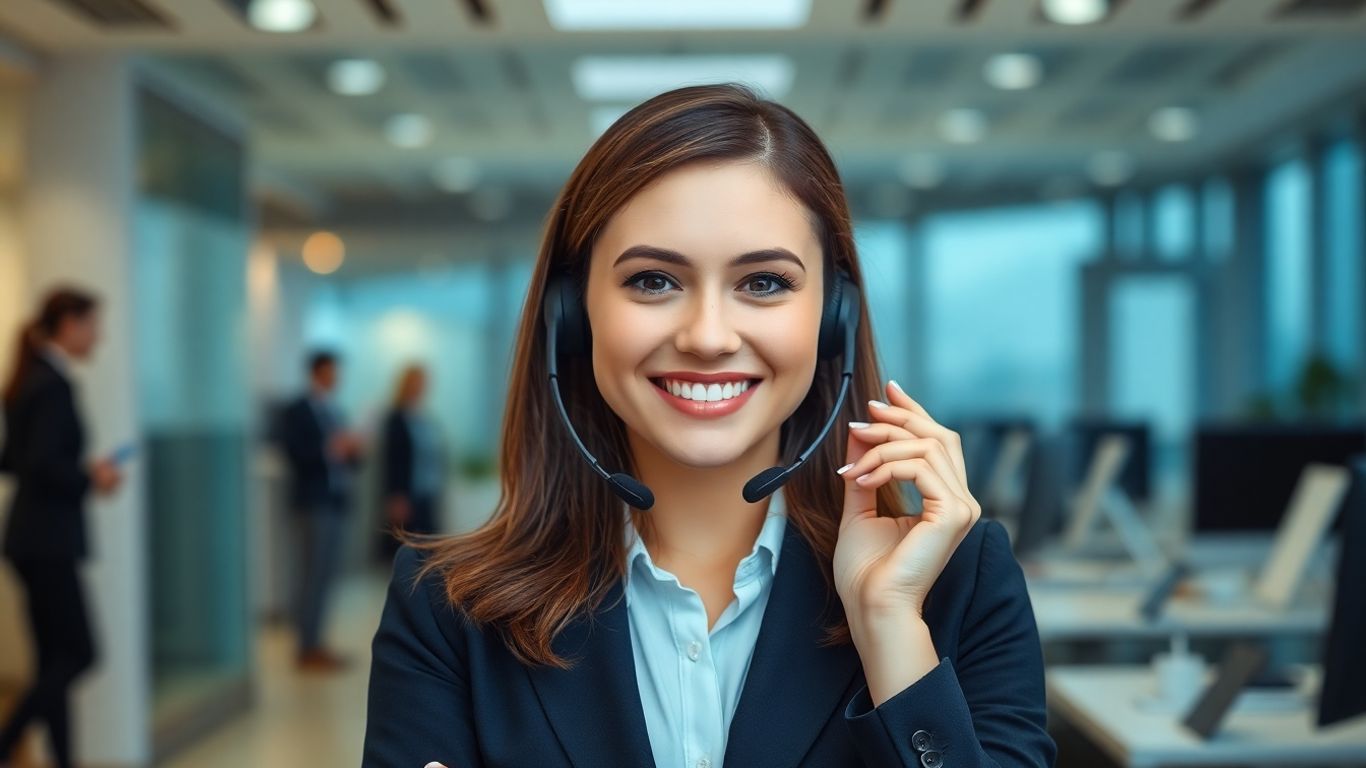 Virtual receptionist assisting business operations with a headset.