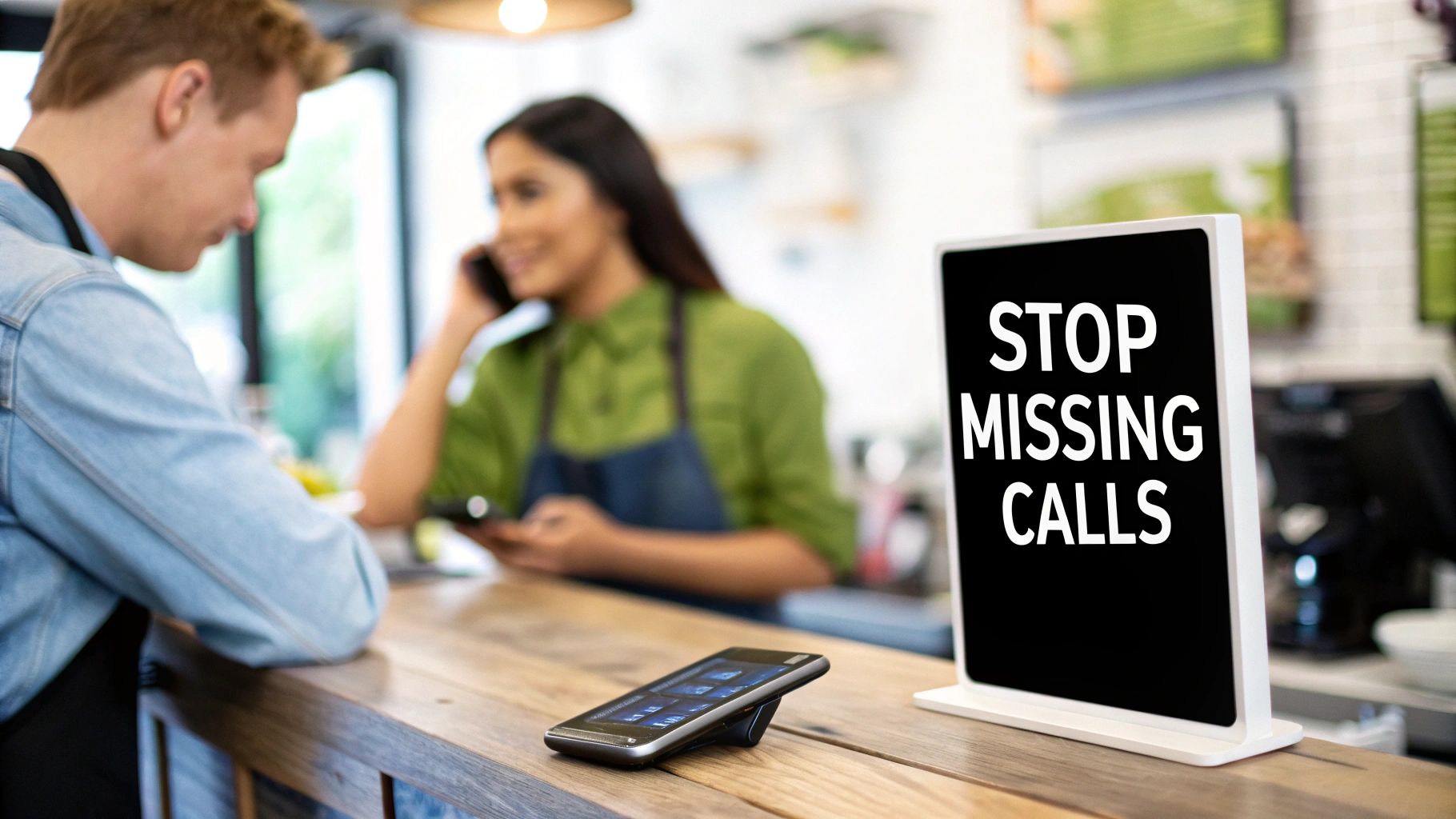 A frustrated small business owner looking at a ringing phone while working on a laptop.