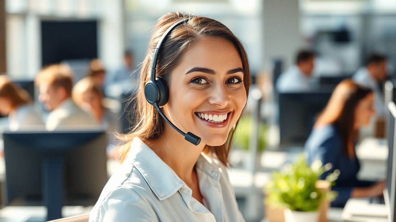 Call center agent with headset, busy office background.