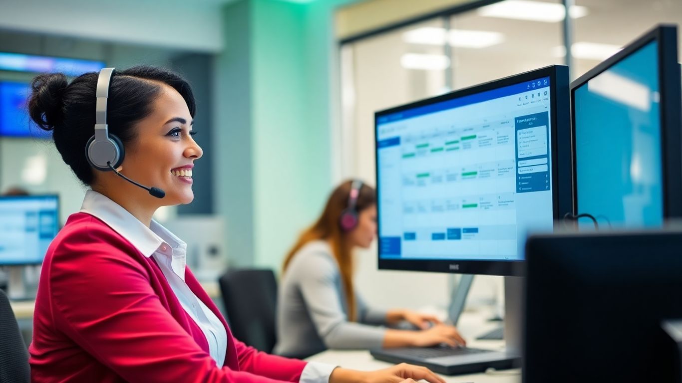 Call center agent scheduling appointments on a computer.