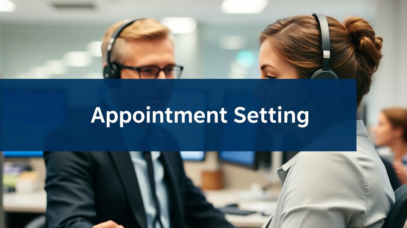 Call center agent setting appointments with headset.