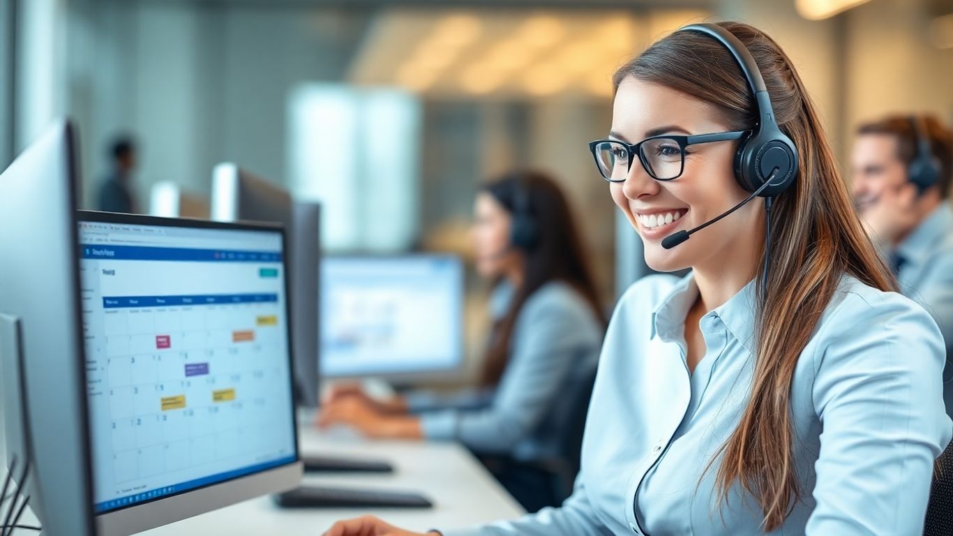 Call center agent setting appointments on the phone.