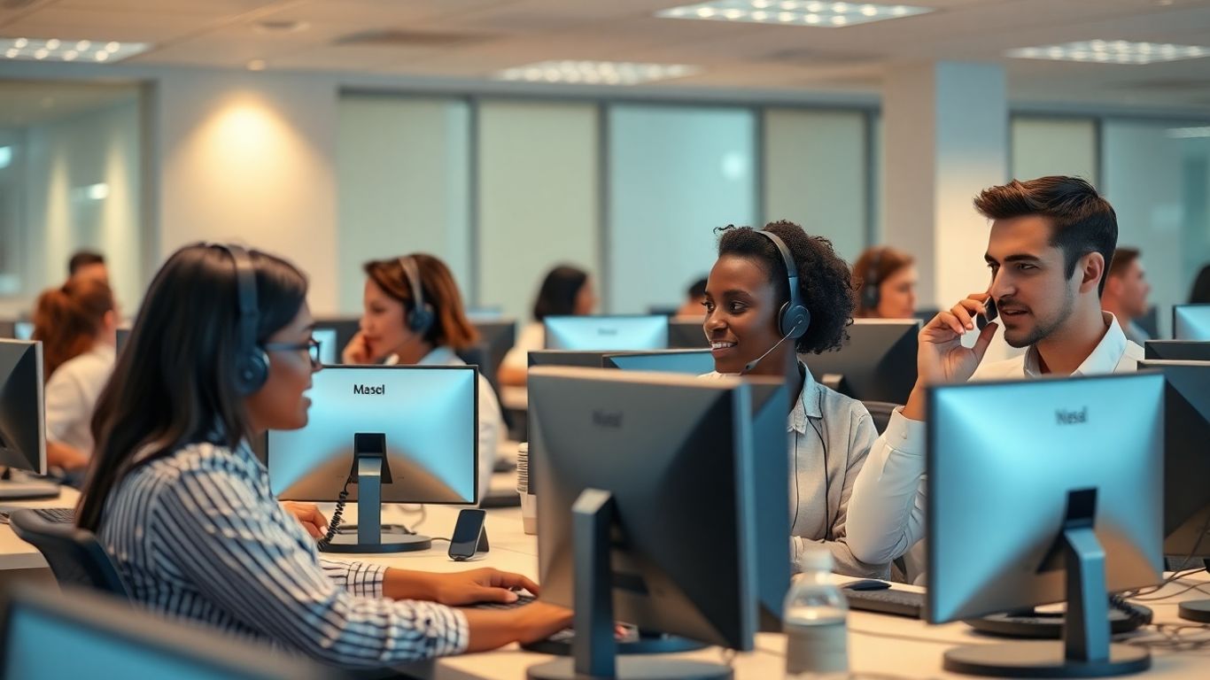 Call center agents working diligently on phones.