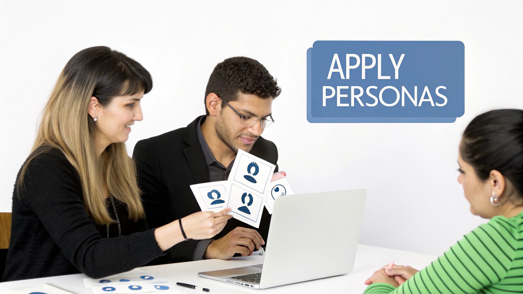 A team collaborating around a whiteboard covered in persona documents and sticky notes.