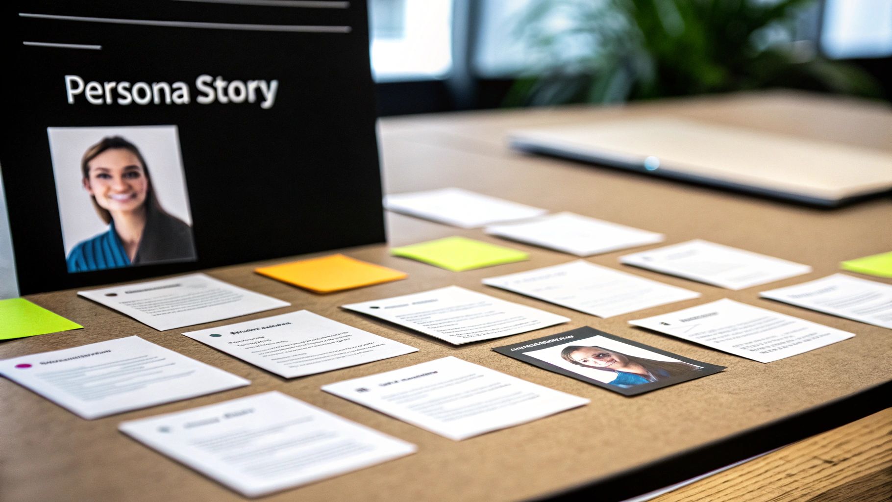 Woman analyzing sticky notes on a board to find patterns in data