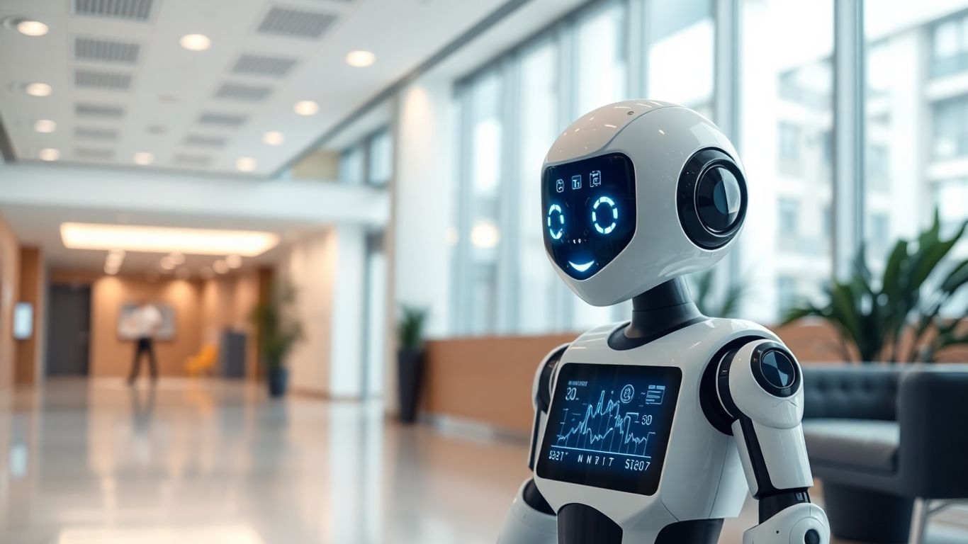 AI robot in a modern office lobby
