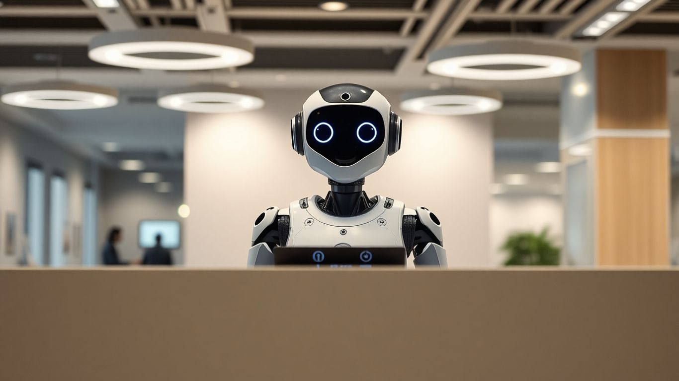 AI robot at a modern reception desk.