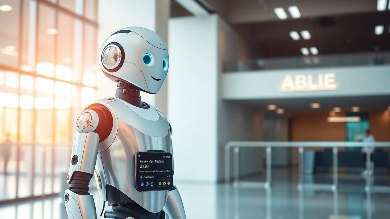 AI robot in a modern office lobby.