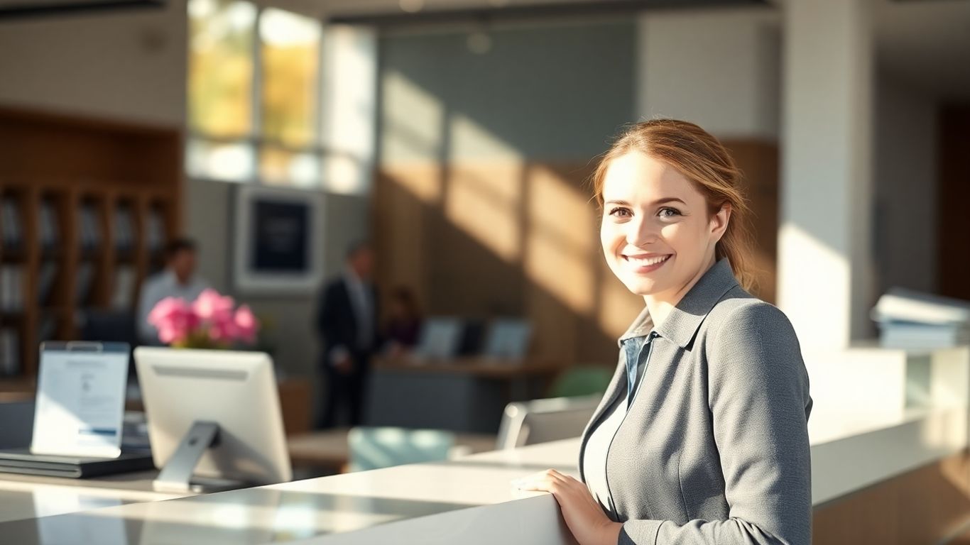 Professional front desk with smiling receptionist and organized counter.