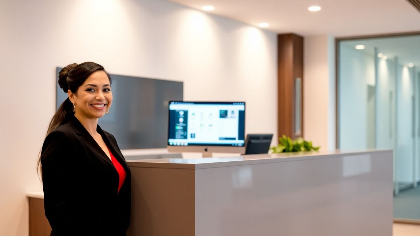 Receptionist managing calls at a modern front desk.