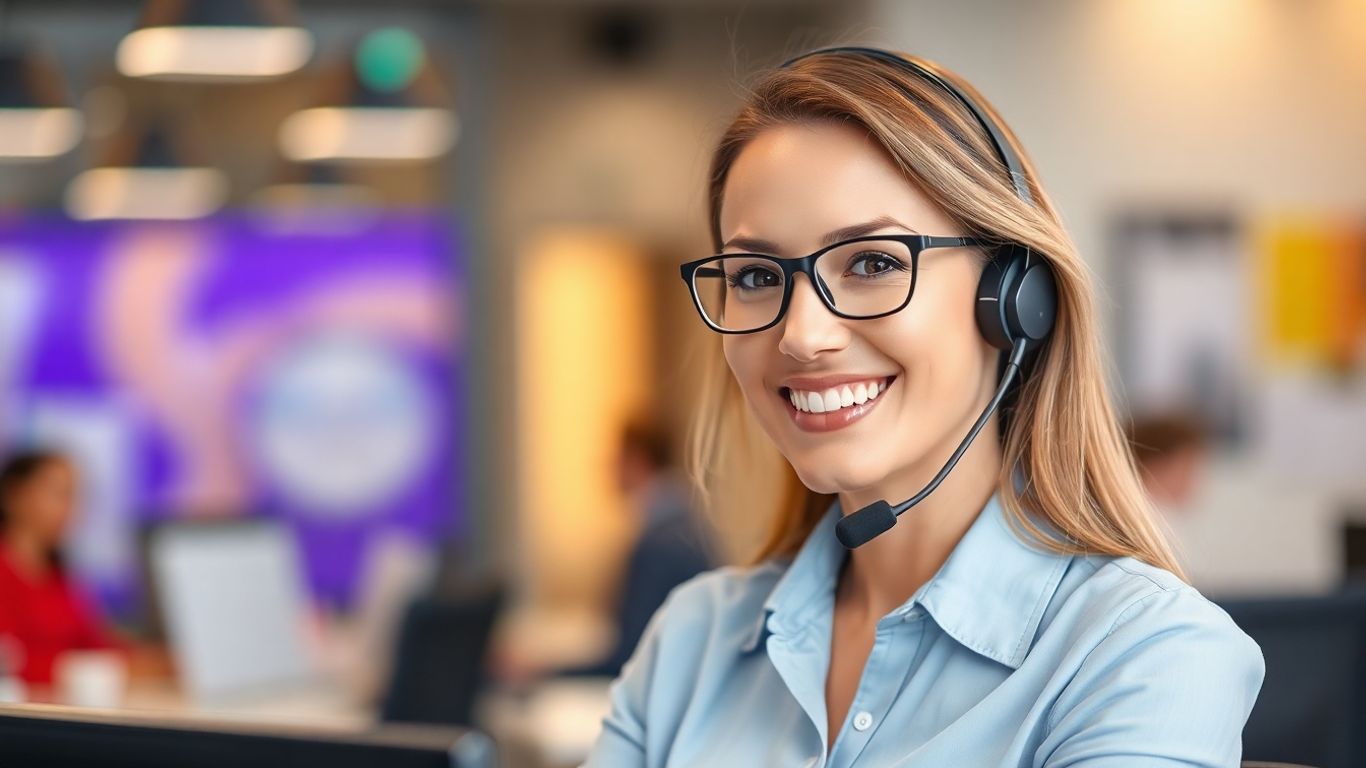 Receptionist answering calls with a headset.