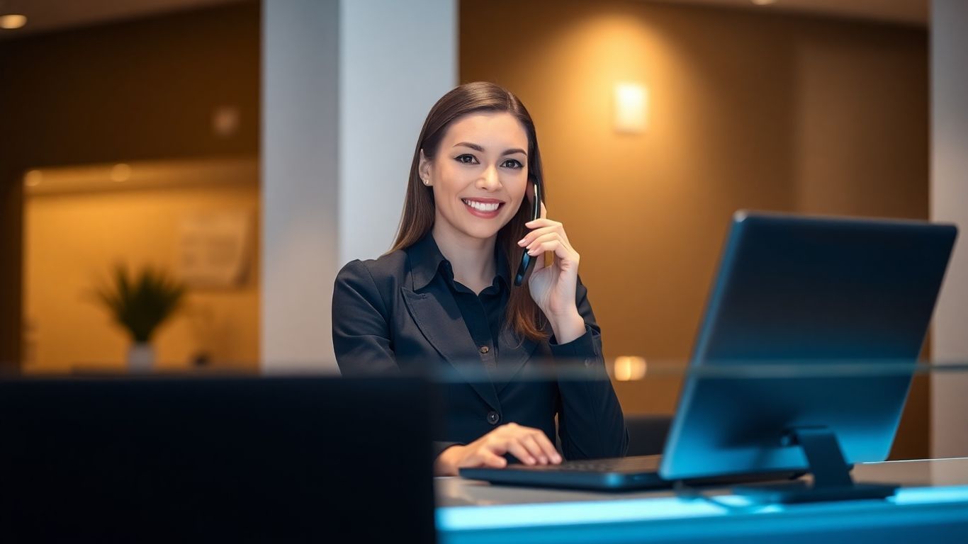 Professional receptionist assisting a caller with a smile.