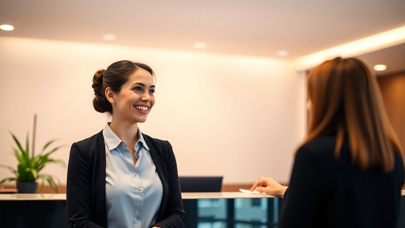 Professional receptionist in a modern office.