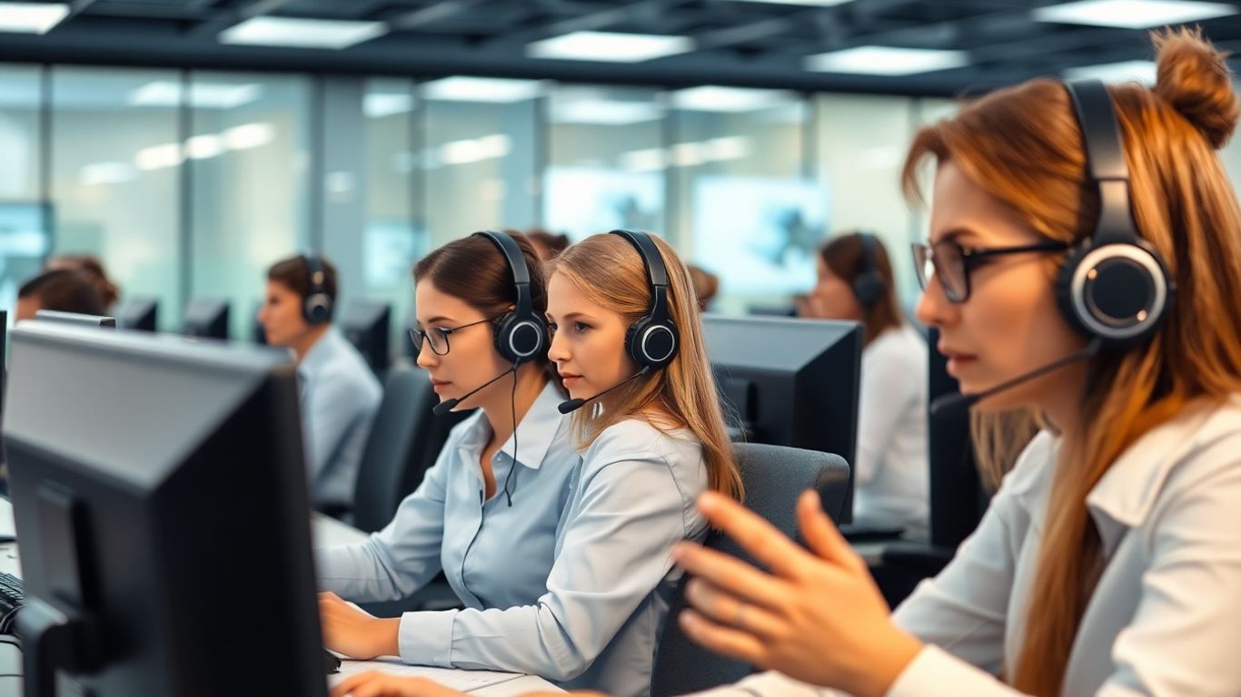 Call center agents with headsets making calls.