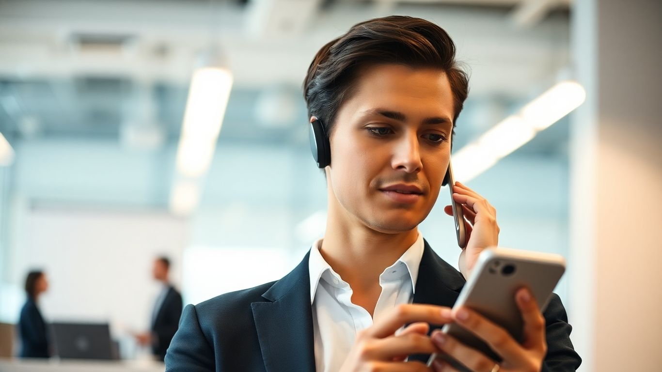 Business person listening to a smartphone for call handling.