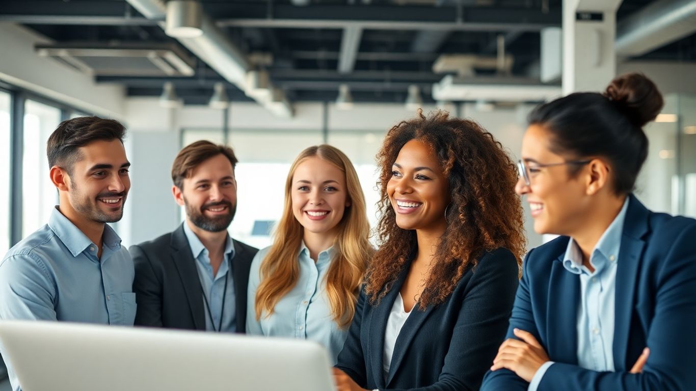 Smith.ai employees collaborating in a modern office.