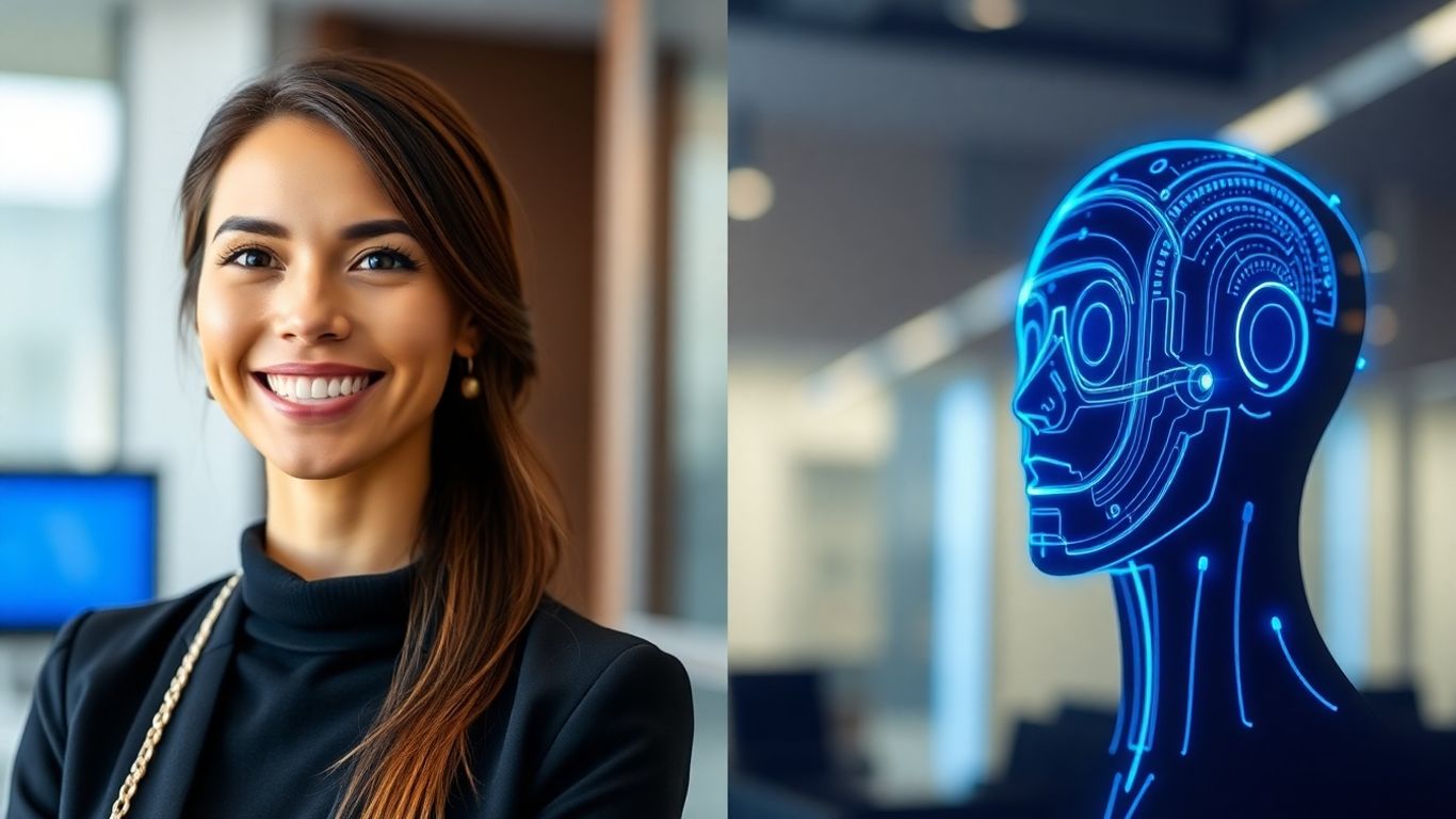 Human receptionist and AI interface side-by-side comparison.
