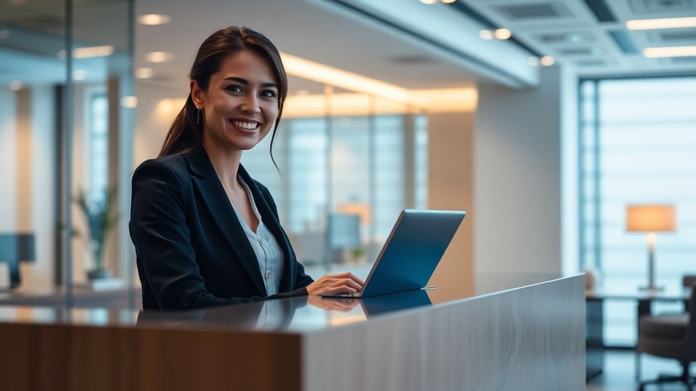 Receptionist at desk with AI interface, 24/7 availability.