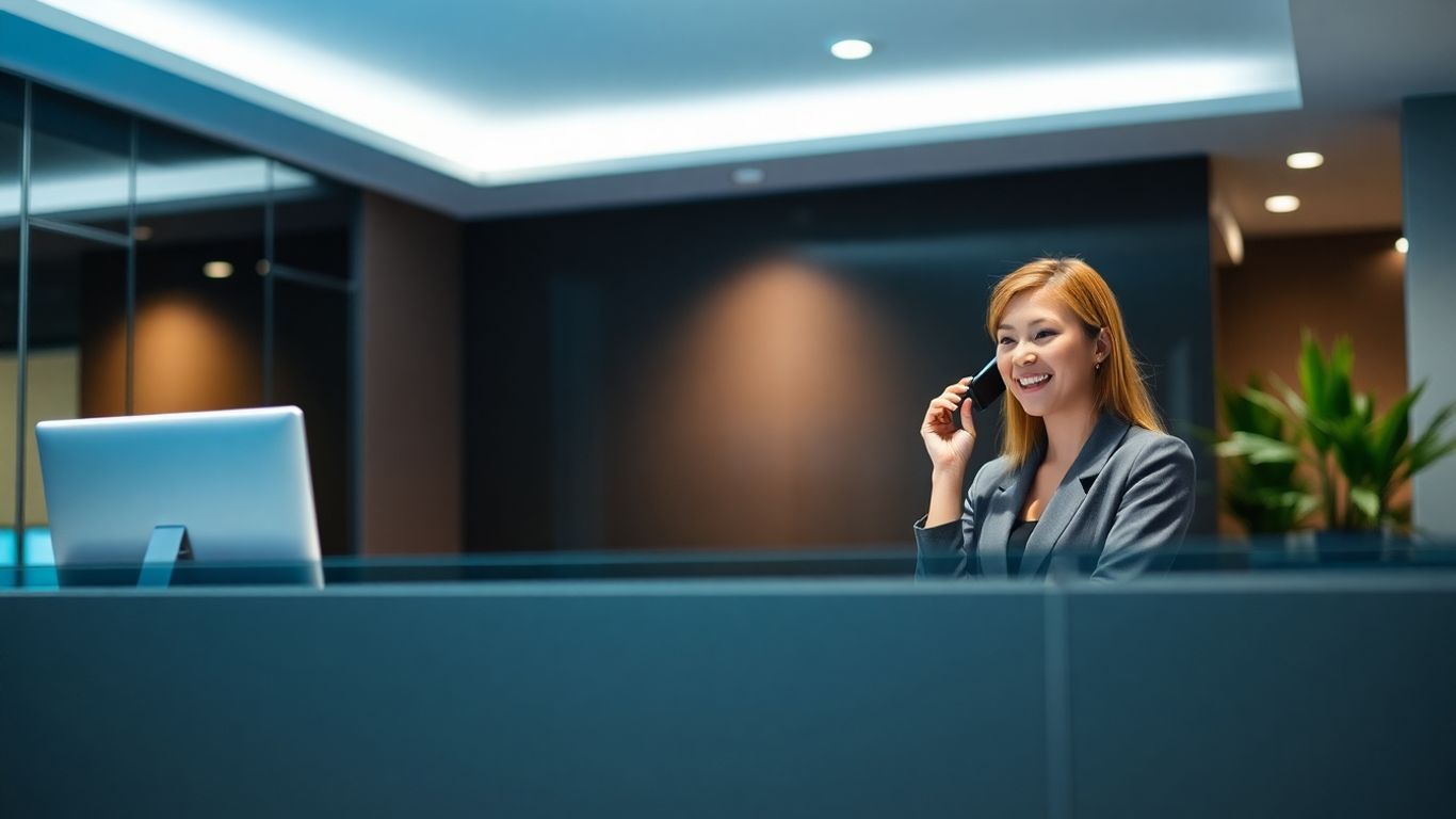 Professional receptionist answering a phone call at a modern desk.