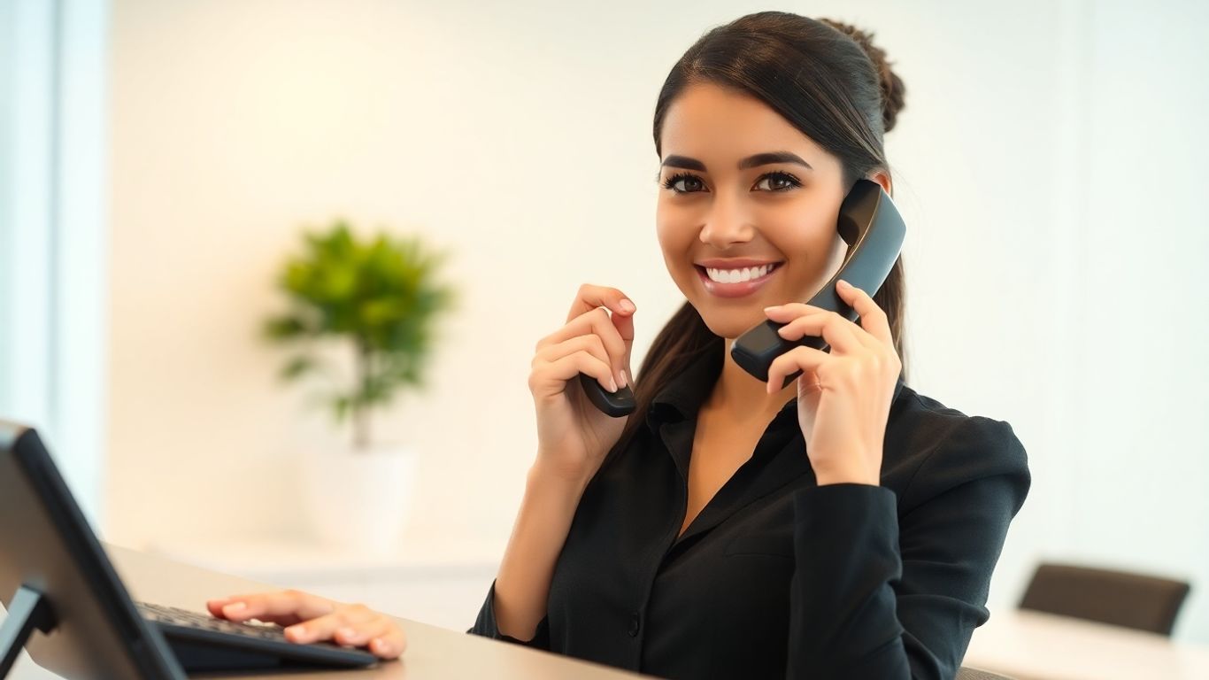 Receptionist answering a phone with a smile.