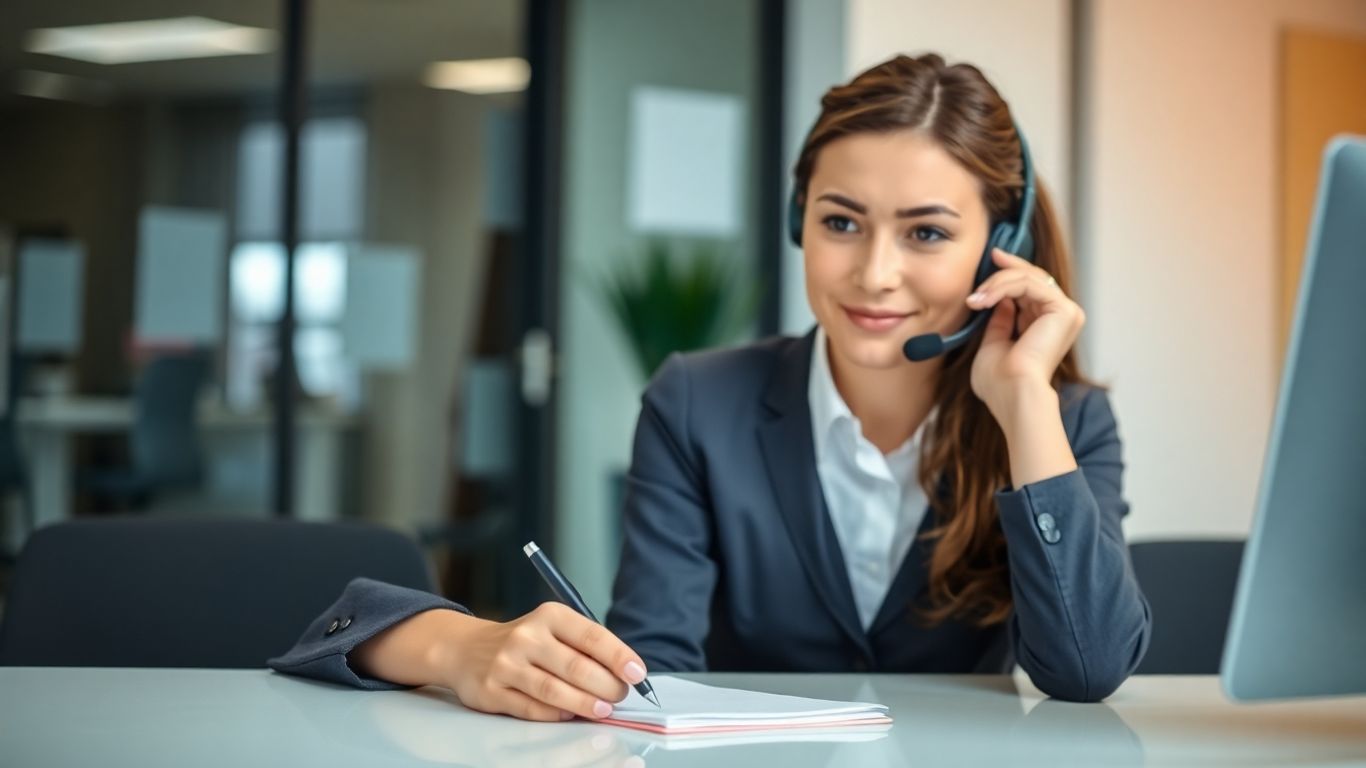 Receptionist screening calls with a headset and notepad.