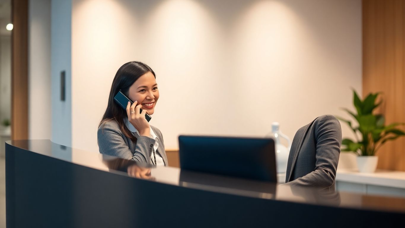 Receptionist answering phone at modern desk.