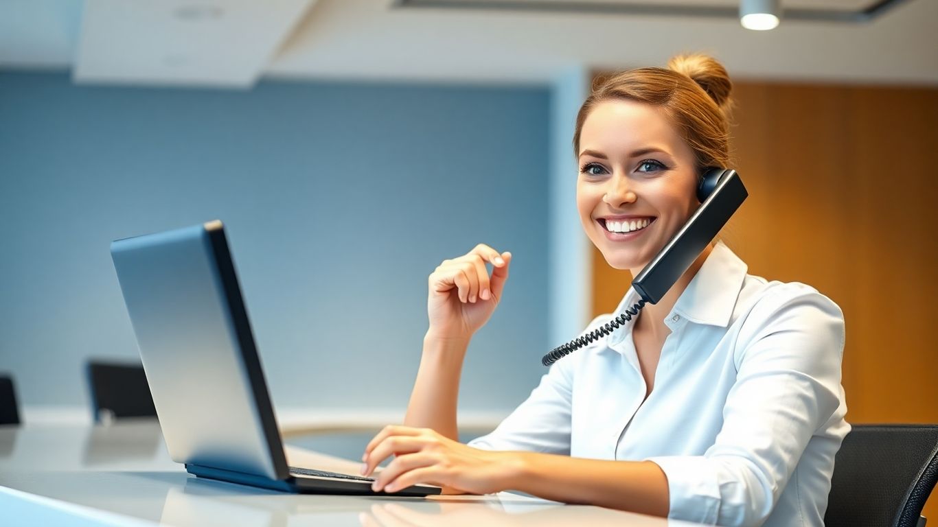 Receptionist smiling while talking on the phone.