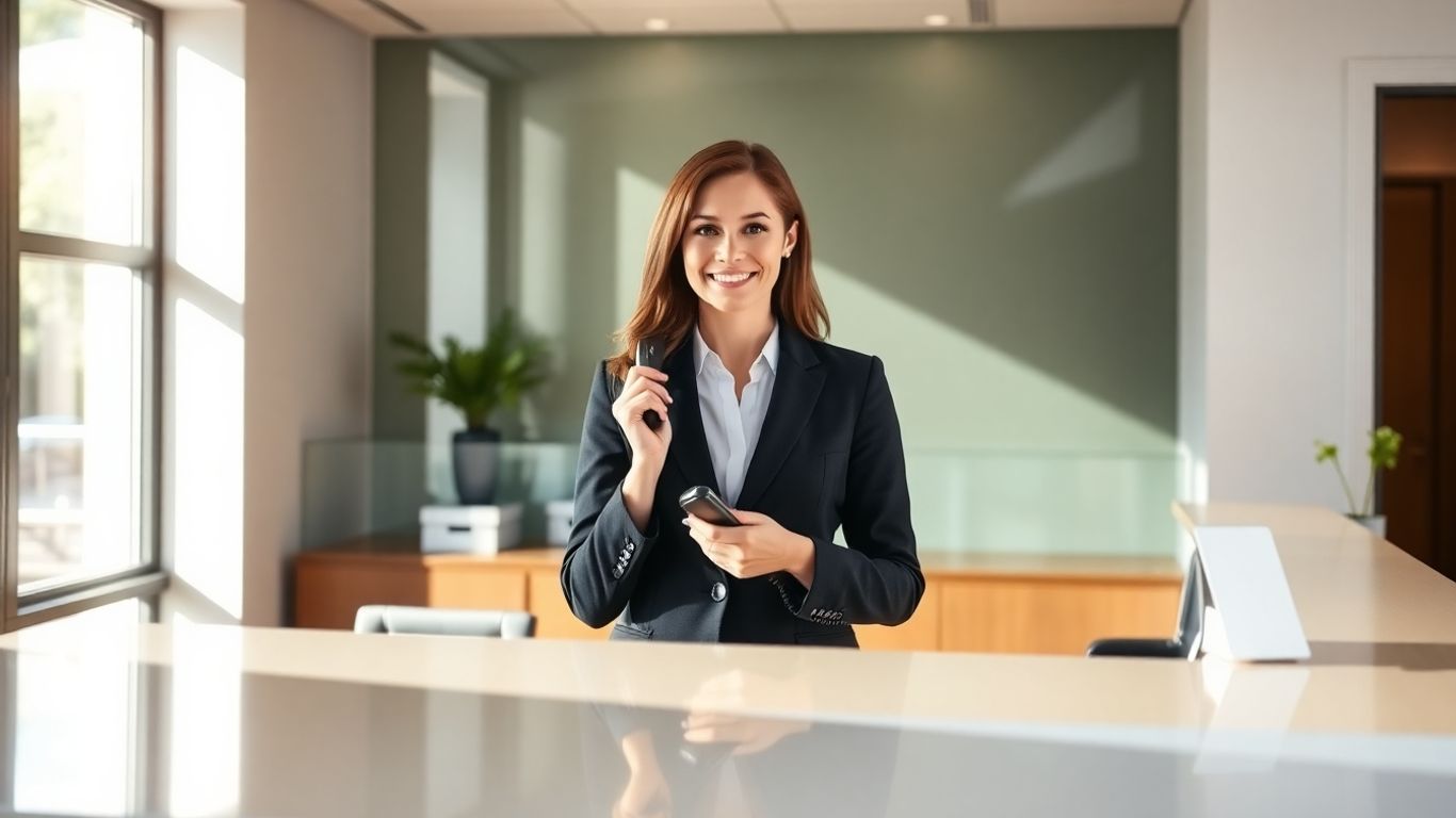Law firm receptionist at desk, smiling and holding phone.