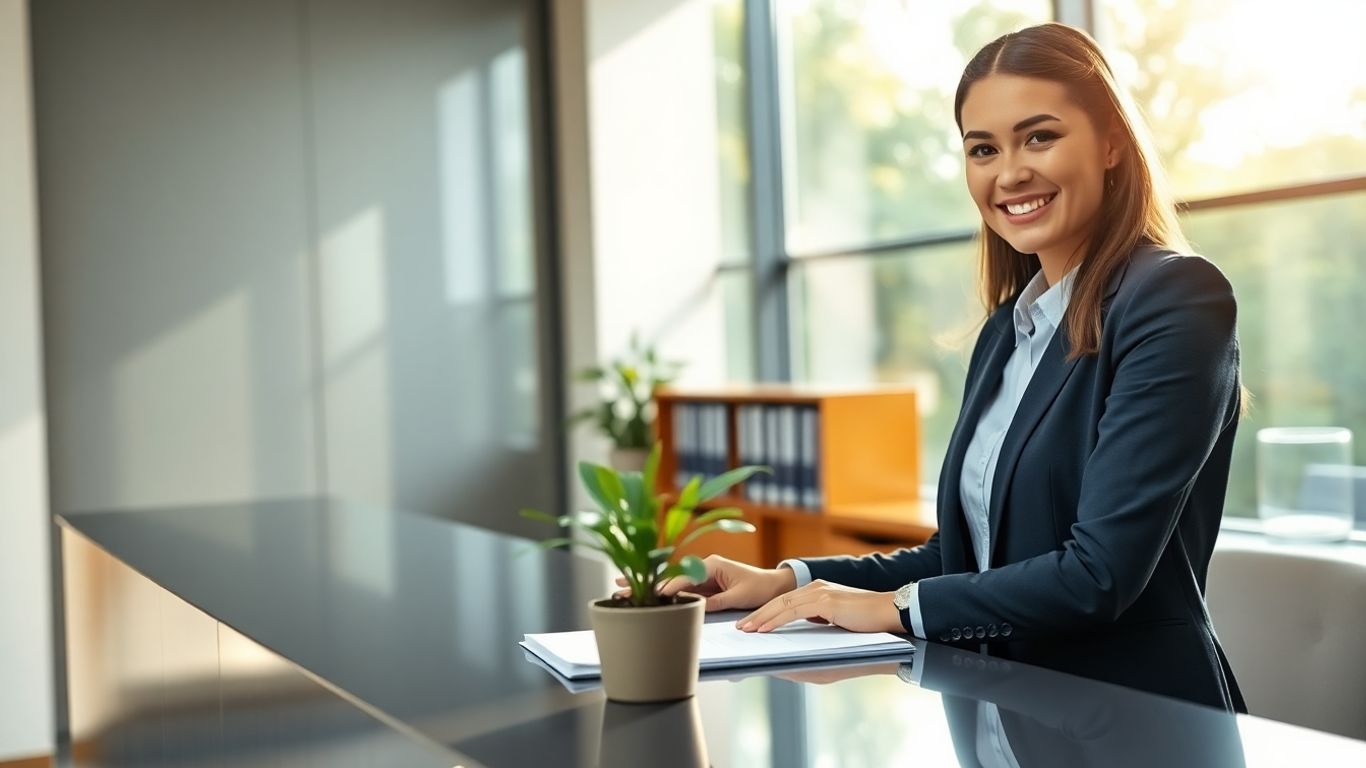 Law firm receptionist at desk, professional and welcoming.