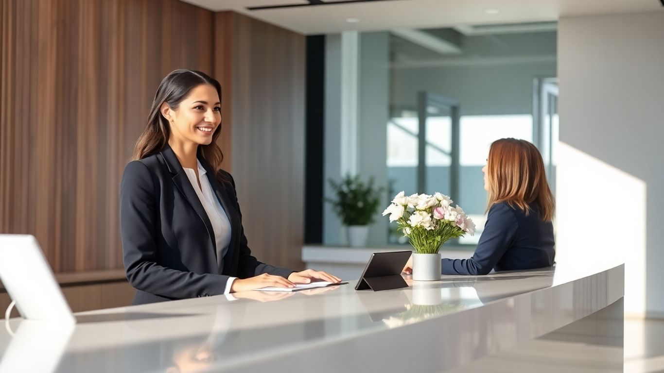 Law firm receptionist warmly greeting a client at the front desk.