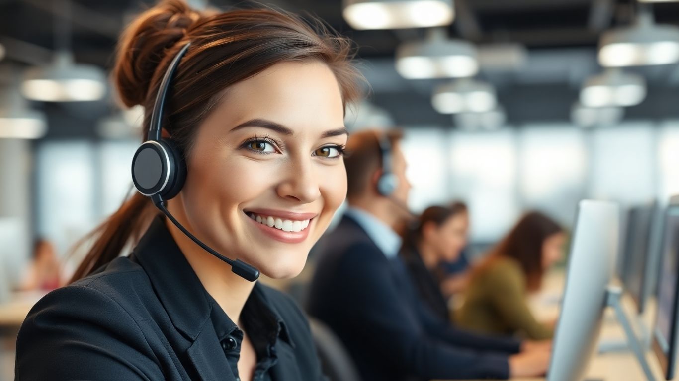 Call center agent setting appointments with a headset.