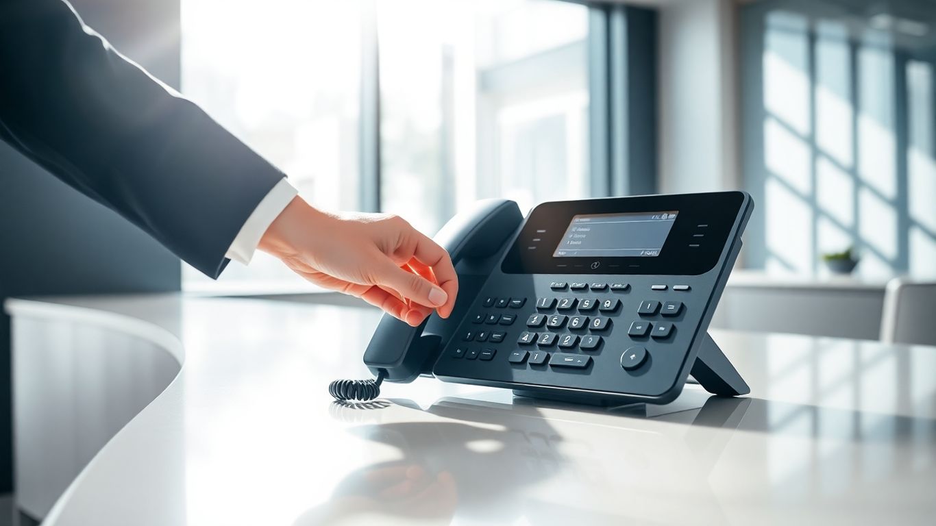 Modern reception desk with a business phone system.