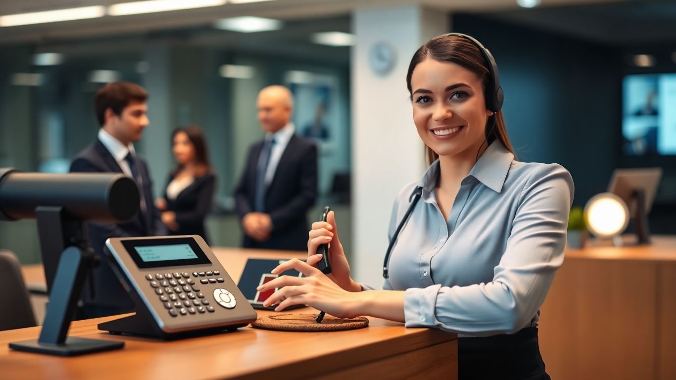 Modern front desk phone system with receptionist.