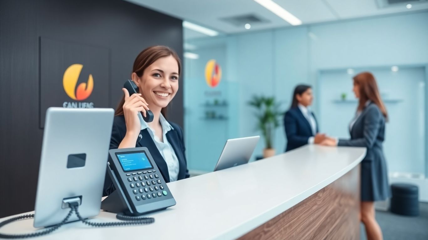 Modern office phone system at a reception desk.