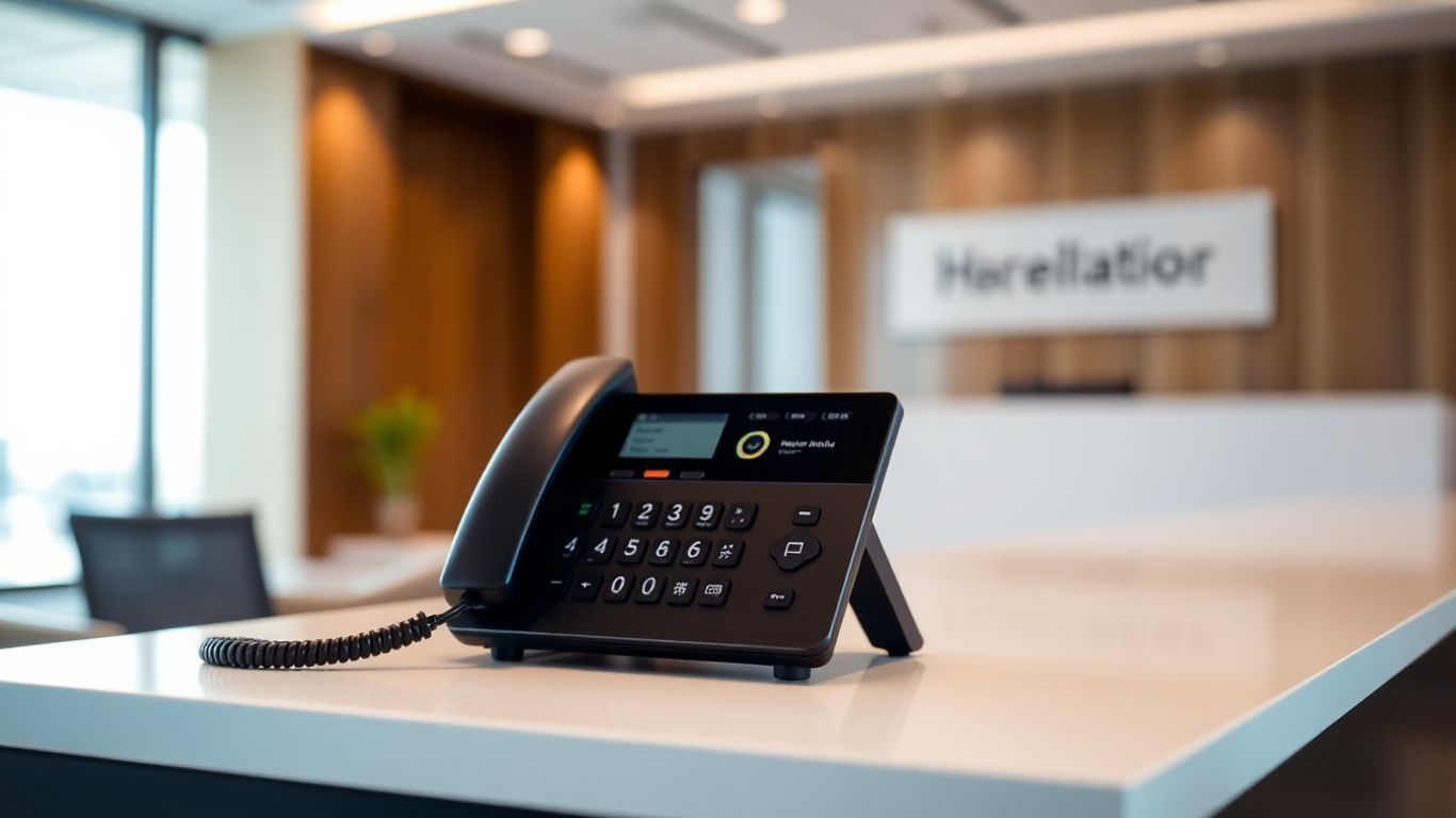 Modern front desk phone system in an office.