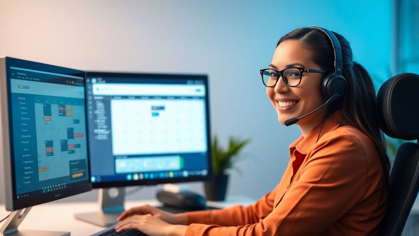 Call center agent scheduling appointments on a computer.