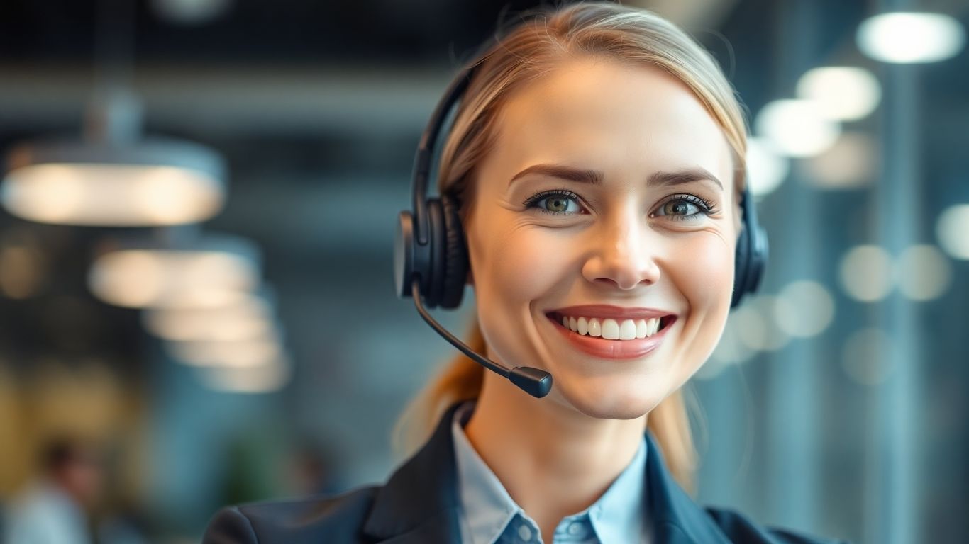 Professional call center agent with headset, smiling.