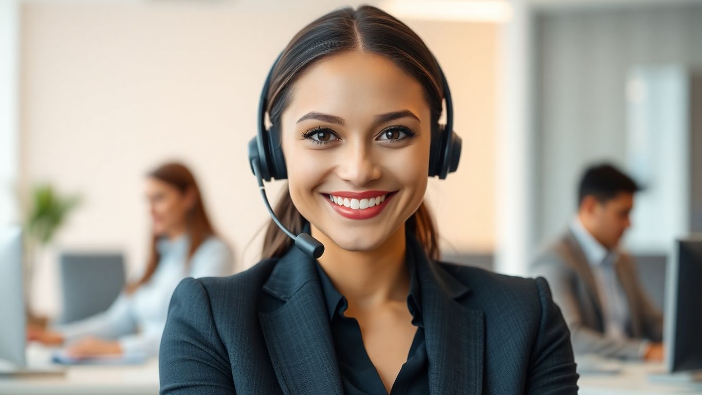 Professional call center agent with headset, smiling.